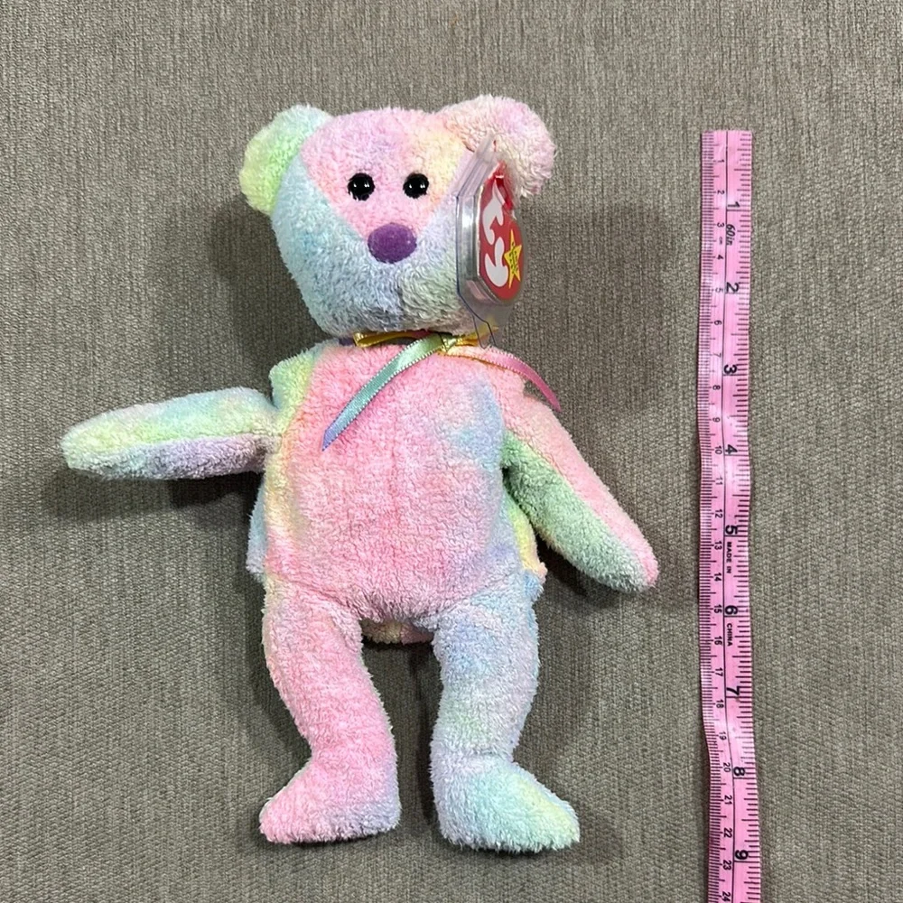 Ty Beanie Baby Groovy Pink and Green Stuffed Animal Bear